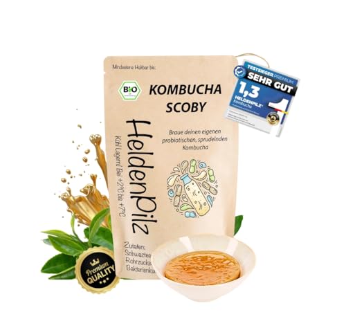 HeldenPilz® | Organic Kombucha Scoby | WACHSTUMSSTARKER TEEPILZ | Skoby + Ansatzflüssigkeit + Geschenk | Herstellung bis 6 Liter | 100% natürliche Zutaten | Bio nachhaltig und plastikfrei verpackt von HeldenPilz