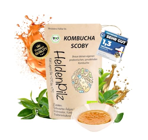 HeldenPilz® | Organic Kombucha Scoby | WACHSTUMSSTARKER TEEPILZ + Ansatzflüssigkeit + Geschenk | Herstellung bis 6 Liter | 100% Natürlich Bio nachhaltig und plastikfrei verpackt von HeldenPilz