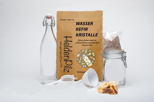 Wasserkefir Starterset- DIY Kefir Kit - Original Kefirpilz im Rundumsorglospaket mit aktiven Japankristallen - WACHSTUMSSTARKE Kefirkultur zum perfekten Start (Kefir Set Plastik) von HeldenPilz