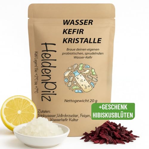 Wasserkefir Starterset- DIY Kefir Kit - Original Kefirpilz im Rundumsorglospaket mit aktiven Japankristallen - WACHSTUMSSTARKE Kefirkultur zum perfekten Start (Kefir Premium Set) von HeldenPilz
