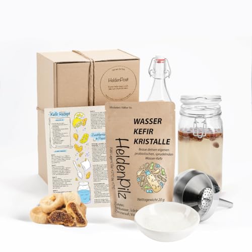 Wasserkefir Starterset- DIY Kefir Kit - Original Kefirpilz im Rundumsorglospaket mit aktiven Japankristallen - WACHSTUMSSTARKE Kefirkultur zum perfekten Start von HeldenPilz