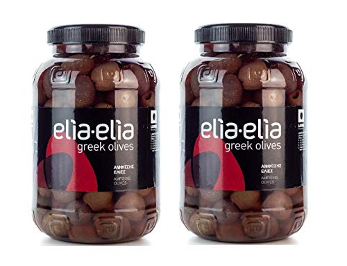 2x 1kg Amfissa schwarze Oliven Super Mammut entkernt kernlos - 2 Fässchen + 10ml Olivenöl zum Test im Set - Chalkidiki Griechenland von Hellenikos