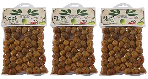 3x 220g griechische Oliven grün pikant gewürzt und eingelegt "Aromas of Crete" aus Plakias Kreta Olive grün Spar Set + Probiersachet Olivenöl 10ml von Hellenikos