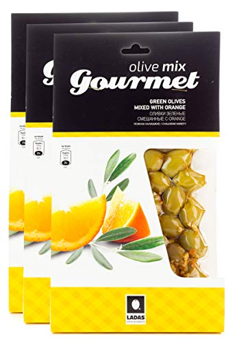 3x 250g (750g) Gourmet grüne Oliven mit Orange marinierte Chalkidiki Oliven 3er Spar Set eingelegt Anit-Pasti + 10ml Olivenöl kaltgepresst zum testen von Hellenikos