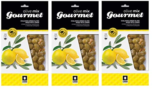3x 250g (750g) Gourmet grüne Oliven mit Zitrone marinierte Chalkidiki Oliven 3er Spar Set eingelegt Anit-Pasti + 10ml Olivenöl kaltgepresst zum testen von Hellenikos