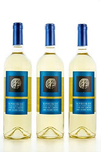 3x 750ml Vin de Crete Weißwein trocken 12% Michalakis kretischer weißer Wein griechischer Tafelwein im 3er Set + 10ml Olivenöl zum testen von Hellenikos