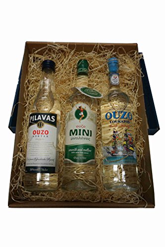 3x Lieblings Ouzo Geschenk Box Set - Mini Mytilini 40% Pilavas 38% Loukatos 38% je 700ml aus Griechenland griechischer Traditions Trester mild - 3er Set beliebter Anis Schnaps von Hellenikos