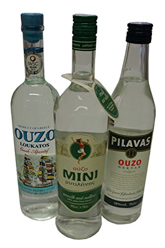 3x Lieblings Ouzo Mini Mytilini 40% Pilavas 38% Loukatos 38% je 700ml aus Griechenland griechischer Traditions Trester mild - 3er Set + 10ml Olivenöl oder 2g Kaffee Frappe Sachet zum testen von Hellenikos