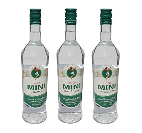 3x Ouzo Mini Mytilini 40% je 700ml aus Lesbos griechischer Traditions Trester - 3er Set + 10ml Olivenöl Sachet zum testen von Hellenikos