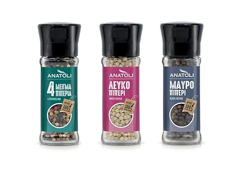 3x Pfeffer schwarz weiß bunt 35-45g in Mühle I schwarze weiße Pfeffer Körner in Gewürzmühle aus Glas I mediterran würzen 3er Set + 10ml Olivenöl von Kreta zum testen 3x Pfeffer schwarz weiß bunt 35-45g in Mühle I schwarze weiße Pfeffer Körner in Gewürzmühle aus Glas I mediterran würzen 3er Set + 10ml Olivenöl von Kreta zum testen von Hellenikos