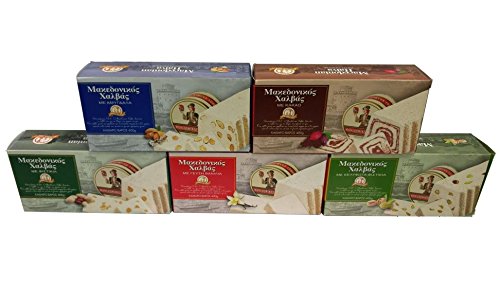 5x Halvas aus Sesam Halva Probier Paket Mandel Vanille Schoko Erdnuss Pistazie je 400 g (2kg) aus Griechenland griechischer Geschenk Set Halva Vanilla Cacao Peanut + Probiersachet 10 ml Olivenöl aus Kreta von Hellenikos