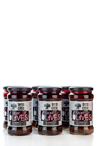 6x griechische Kalamata Oliven im Glas a 160g gesamt 960 g Abtropfgewicht terra creta green olives olive aus Griechenland + Probiersachet 10 ml Olivenöl aus Kreta von Hellenikos