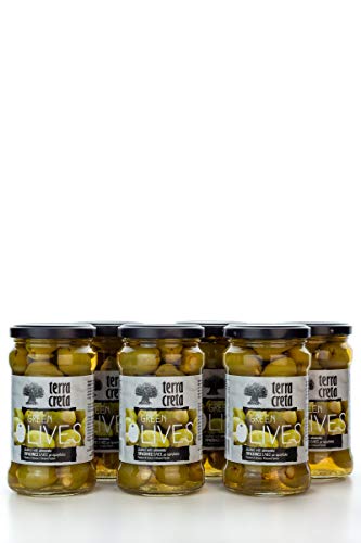 6x griechische grüne Oliven gefüllt mit Mandeln im Glas a 160g gesamt 960 g Abtropfgewicht terra creta green olives olive aus Griechenland + Probiersachet 10 ml Olivenöl aus Kreta von Hellenikos