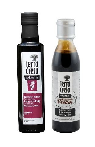Balsamico Set Essig + Creme Balsamicoessig je 250 ml Salat Dressing Verzierung Terra Creta Griechenland + Probiersachet Olivenöl aus Kreta 10 ml von Hellenikos