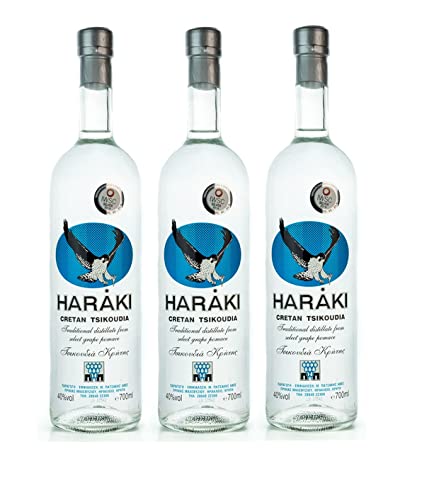 Haraki von Kreta 3x 700ml 40% Raki Tsikoudia - 100% Destillat - beliebter griechischer Trester ohne Anis im 3er Set + 2x10ml Olivenöl von Hellenikos