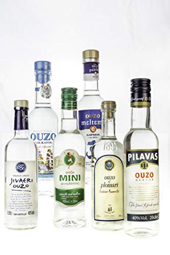 OUZO Probier Set 6x 200ml Ouzo aus Griechenland Tresterbrand ? Jivaeri ? Pilavas ? Plomari ? Mini Mytilini ? Loukatos ? Meltemi griechischer Trester Anis Schnaps Geschenk von Hellenikos