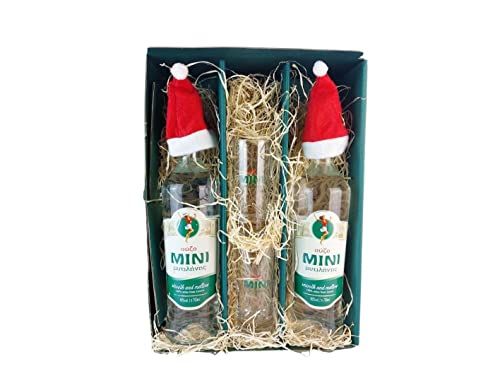 Ouzo Mini Geschenk Box Set + Gläser - 2x700ml Griechischer Ouzo Mini Mytilini 40% Traditions Trester mild - Weihnachts Geschenk Set von Hellenikos