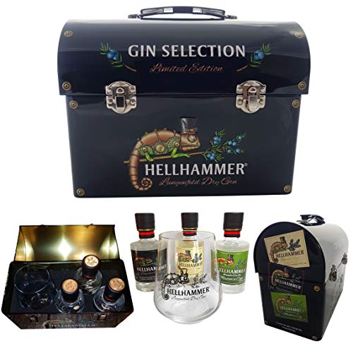 Gin Selection Limited Edition Gin Geschenkset Gin Geschenk Geschenkbox international Gold prämierter Gin. 3 x 100 ml Gin, ein Ginglas in Geschenkbox von Hellhammer