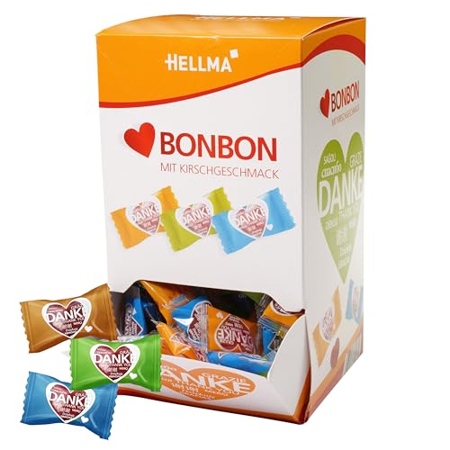 HELLMA Herzbonbons - 200 Päckchen - 680 g - mit Kirschgeschmack in Vorrats-Box –Aufdruck „Danke“ mehrsprachig für Büro, Hotel von Hellma