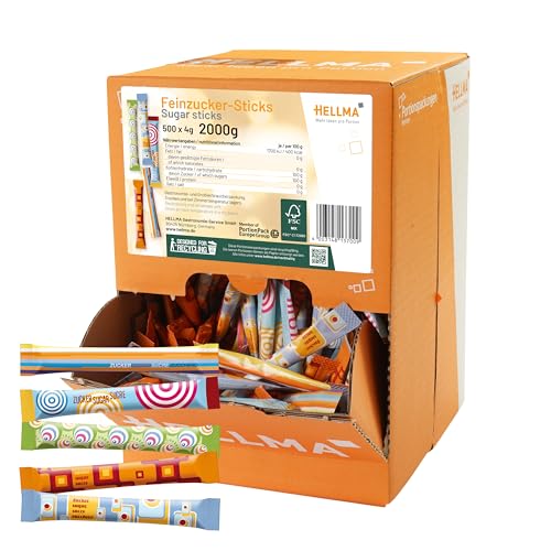 Hellma Feinzucker-Sticks 500 Stk. je 4 g weißer Zucker - 2 kg Vorrats-Box - Zuckertütchen einzeln, für Kaffee oder Tee von Hellma