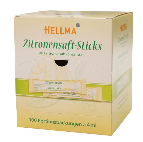 Hellma Zitronensaft-Sticks 100 Stk. je 4 ml säuerlich - 400 ml Vorrats-Box - Konzentrat einzeln, für Kaffee, Tee, vegan von Hellma