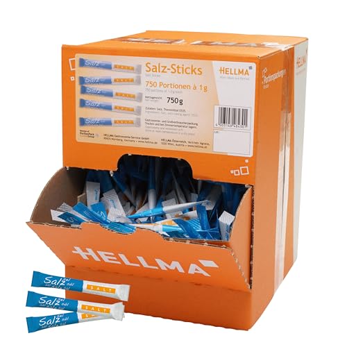 Hellma Speise-Salz-Sticks 750 Stk. je 1 g - 750 g in Vorrats-Box - Salztütchen einzeln verpackt, für Cafés und Gastronomie Hellma Speise-Salz-Sticks 750 Stk. je 1 g - 750 g in Vorrats-Box - Salztütchen einzeln verpackt, für Cafés und Gastronomie von Hellma