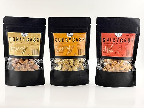 Helwig 3er Pack Cashewkerne Honeycash, Currycash, Spicycash (Honig, Curry, Chili) 240 g von Helwig