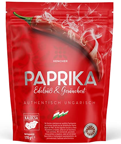 HENCHER Paprika (rot, 170g) - ungarisches Paprikapulver aus Kalocsa (Ungarn) - Gewürz in wiederverschließbarem Aromabeutel (Edelsüß & geräuchert 170g) von Hencher