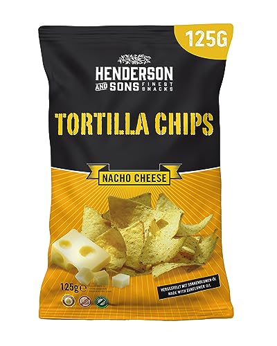 HENDERSON AND SONS Mais Tortilla Chips Nacho Cheese - 1 x 125 Gramm Beutel - mit Käsegeschmack - Perfekter Snack für Sportabende wie American Football oder Fußball HENDERSON AND SONS Mais Tortilla Chips Nacho Cheese - 1 x 125 Gramm Beutel - mit Käsegeschmack - Perfekter Snack für Sportabende wie American Football oder Fußball von HENDERSON AND SONS