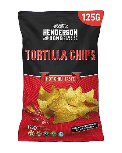HENDERSON AND SONS Tortilla Chips Hot Chili - 1 x 125 Gramm Beutel - Mais Tortillas mit Chiligeschmack - Perfekter Snack für Sportabende wie American Football oder Fußball HENDERSON AND SONS Tortilla Chips Hot Chili - 1 x 125 Gramm Beutel - Mais Tortillas mit Chiligeschmack - Perfekter Snack für Sportabende wie American Football oder Fußball von HENDERSON AND SONS