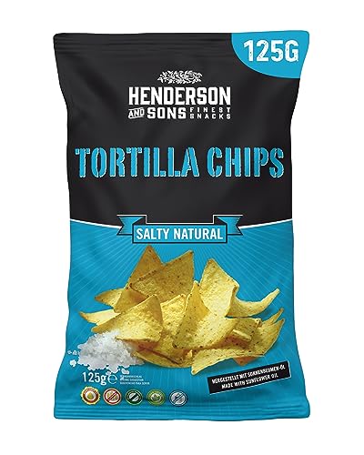 HENDERSON AND SONS Tortilla Chips Salty Natural - 1 x 125 Gramm Beutel - Gesalzene Mais Tortillas - Perfekter Snack für Sportabende wie American Football oder Fußball HENDERSON AND SONS Tortilla Chips Salty Natural - 1 x 125 Gramm Beutel - Gesalzene Mais Tortillas - Perfekter Snack für Sportabende wie American Football oder Fußball von HENDERSON AND SONS
