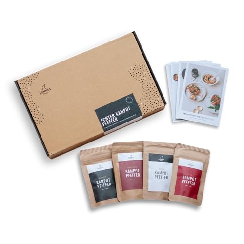 Hennes Finest Geschenkbox - Kampot Pfeffer Mischung (grober Pfeffer), mit 4 Pfeffer Sorten (schwarzer Pfeffer, weißer Pfeffer, roter Pfeffer, dunkelroter Pfeffer), Pfeffer grob, Pfefferkörner ganz Hennes Finest Geschenkbox - Kampot Pfeffer Mischung (grober Pfeffer), mit 4 Pfeffer Sorten (schwarzer Pfeffer, weißer Pfeffer, roter Pfeffer, dunkelroter Pfeffer), Pfeffer grob, Pfefferkörner ganz von Hennes Finest