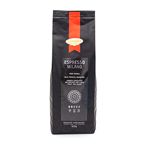 Hensler Kaffee Espresso Milano, Espressoröstung, 100% Arabica Kaffeebohnen, ganze Bohnen, geeignet für Vollautomaten und Siebträger, mild, fruchtig, dunkle Röstung von Hensler Kaffee