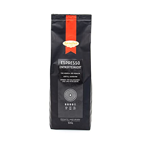 Hensler Kaffee Espresso entkoffeiniert, decaf, Espressoblend ganze Bohnen, 70% Arabica, 30% Robusta Kaffeebohnen, für Vollautomaten und Siebträger, vollaromatisch, dunkle Röstung von Hensler Kaffee