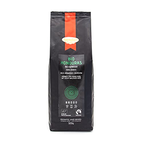 Hensler Kaffee Bio Espresso Honduras Fairtrade, Kaffeebohnen fair gehandelt, Espressoröstung, 100% Arabica ganze Bohnen, für Vollautomaten und Siebträger geeignet, mild, vollaromatisch, dunkle Röstung von Hensler Kaffee