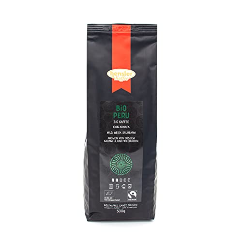 Hensler Kaffee Bio Peru Fairtrade, Röstkaffee, Arabica Kaffeebohnen, mild, vollaromatisch, geeignet für Vollautomaten, Filtermaschine, Handfilter, French Press, geeignet, mittlere Röstung von Hensler Kaffee