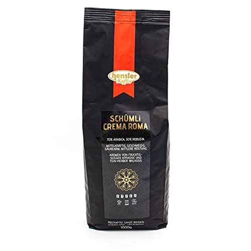 Hensler Kaffee Schümli Crema Roma, 1000g ganze Bohnen, geröstete Kaffeebohnen für Vollautomaten und Siebträger, kräftig, vollaromatisch, dunkle Röstung von Hensler Kaffee