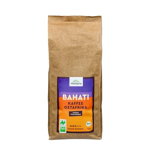 Herbaria BAHATI Bio Kaffee ganze Bohnen 1kg – Naturland Fair zertifiziert aus Ostafrika – feinste Kaffee-Aromen nach gerösteten Nüssen & Schokolade – Bio Kaffeebohnen perfekt für Kaffeevollautomaten von Herbaria