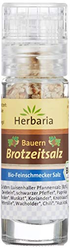 Herbaria Bauern Brotzeitsalz bio 19g Mini-Mühle – Bio-Brotzeitsalz, Bio-Kräutersalz, Bio-Gewürzsalz - für rustikale Gerichten wie Kartoffeln und Käse – mit Luisenhaller-Pfannensalz von Herbaria