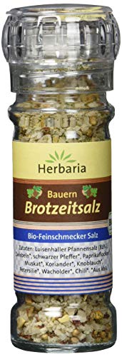 Herbaria Bauern Brotzeitsalz bio 70g Mühle – Bio-Brotzeitsalz, Bio-Kräutersalz, Bio-Gewürzsalz - für rustikale Gerichten wie Kartoffeln und Käse – mit Luisenhaller-Pfannensalz von Herbaria