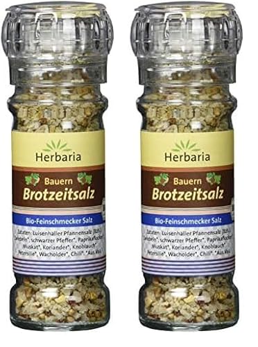 Herbaria Bauern Brotzeitsalz bio 70g Mühle – Bio-Brotzeitsalz, Bio-Kräutersalz, Bio-Gewürzsalz - für rustikale Gerichten wie Kartoffeln und Käse – mit Luisenhaller-Pfannensalz (Packung mit 2) von Herbaria