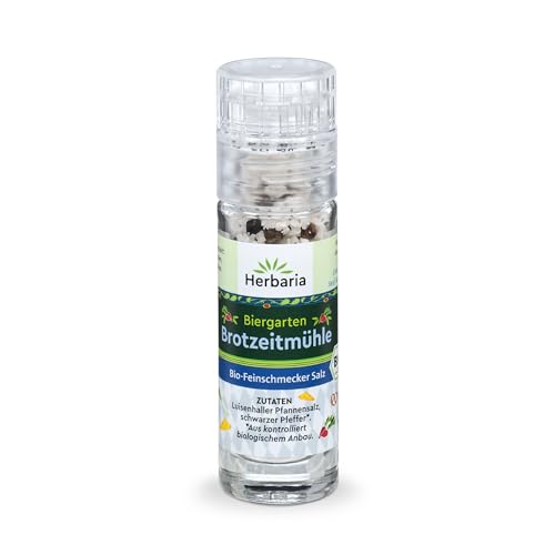 Herbaria Biergarten Brotzeitsalz bio 16g Mini-Mühle – Bio-Brotzeitsalz, Bio-Kräutersalz, Bio-Gewürzsalz – für die typisch bayerische Brotzeit z.B. mit Rettich und Käse – mit Luisenhaller-Pfannensalz von Herbaria