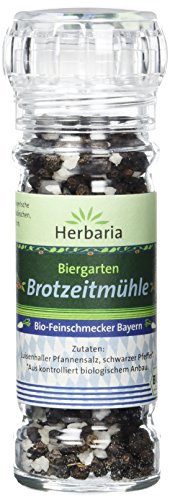 Herbaria Biergarten Brotzeitsalz bio 65g Mühle – Bio-Brotzeitsalz, Bio-Kräutersalz, Bio-Gewürzsalz - für die typisch bayerische Brotzeit z.B. mit Rettich und Käse – mit Luisenhaller-Pfannensalz von Herbaria