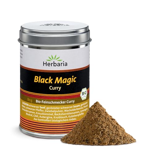 Herbaria Black Magic Curry bio 80g M-Dose – Bio-Currypulver, Bio-Curry-Mischung - fertige Bio-Gewürzmischung für rustikale Bratgerichte & Soßen mit erlesenen Zutaten - in nachhaltiger Aromaschutz-Dose von Herbaria