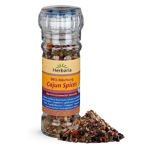 Herbaria Cajun Spice bio 45g Mühle – fertige Bio-Gewürzmischung für die französisch inspirierte Cajun-Küche – BBQ-Gewürz – Grillgewürz – mit erlesenen Zutaten – Mühle mit Keramikmahlwerk von Herbaria