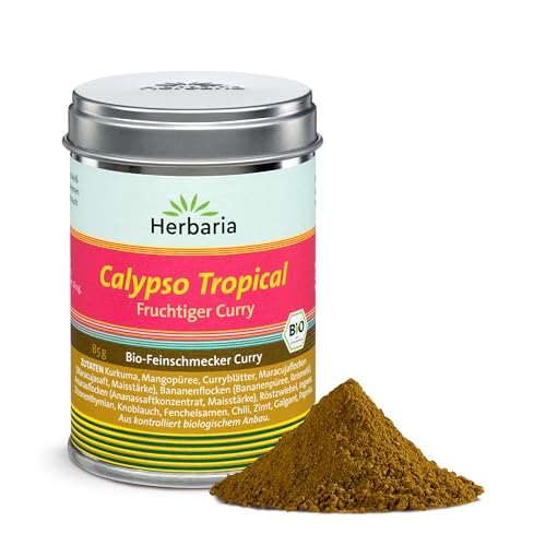 Herbaria Calypso Tropical Curry bio 85g M-Dose – Curry fruchtig, fruchtiger Curry, Currypulver – Gewürzmischung für fruchtig indische Currygerichte - erlesene Zutaten - nachhaltige Aromaschutz-Dose von Herbaria