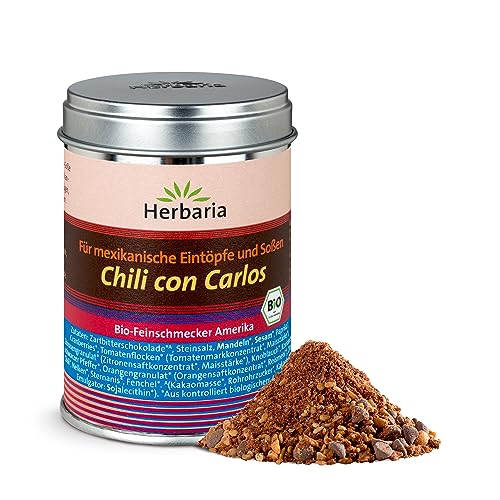 Herbaria Chili con Carlos bio 110g M-Dose – fertige Bio-Gewürzmischung für Chili con & sin Carne, Gulasch, mexikanische Eintöpfe und Soßen – mit erlesenen Zutaten – in nachhaltiger Aromaschutz-Dose von Herbaria