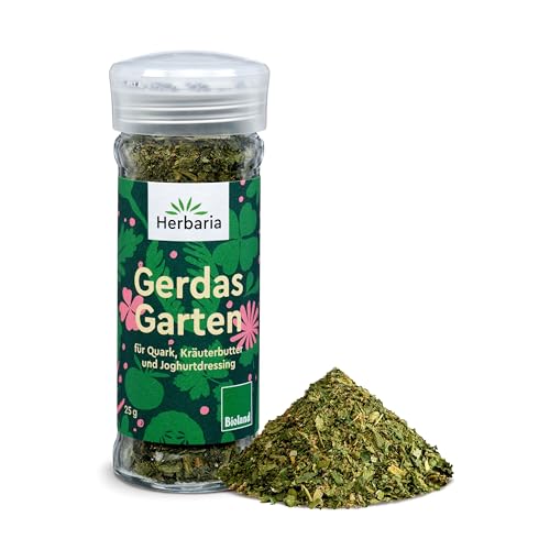 Herbaria Gerdas Garten bio Bioland 25g Streuer – fertiges Bio-Gewürz für Quark, Kräuterbutter, Joghurt- und Salatdressing - mit erlesenen Zutaten - im praktischen Glas-Gewürzstreuer von Herbaria