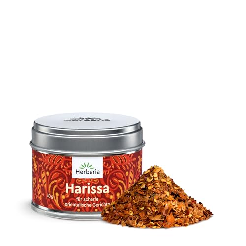 Herbaria Harissa bio 30g S-Dose – fertige Bio-Gewürzmischung für scharfe orientalischen Gerichte mit fein abgestimmter Chili-Schärfe - mit erlesenen Zutaten - in nachhaltiger Aromaschutz-Dose von Herbaria