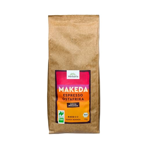 Herbaria MAKEDA Bio Espresso ganze Bohnen 1kg – Naturland Fair zertifiziert aus Ostafrika – Röstaromen mit Kakao- & Eichenholz-Noten – Bio Kaffeebohnen perfekt für Siebträger und Kaffeevollautomaten von Herbaria